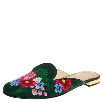 Pre Owned Charlotte Olympia Green Canvas Rose Garden Embroidered Sandals Size 39