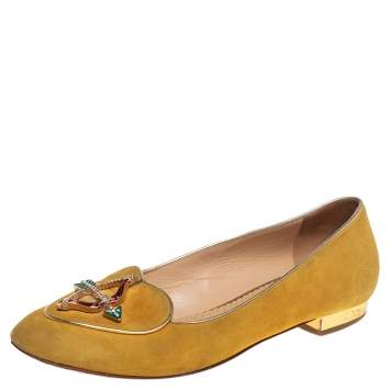 Pre Owned Charlotte Olympia Yellow Suede Ballet Flats Size 36.5