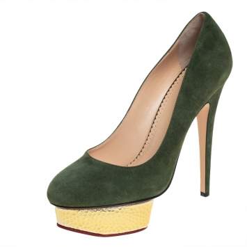 Pre Owned Charlotte Olympia Green Suede Dolly Platform Pumps Size 39