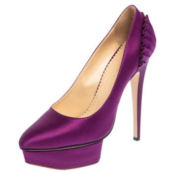 Pre Owned Charlotte Olympia Purple Satin Paloma Fan Pleat Platform Pumps Size 38.5