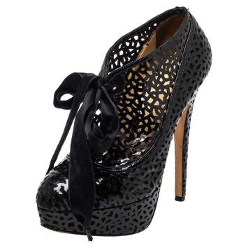 Charlotte Olympia Black Leather Cutout Ankle Length Booties Size 37