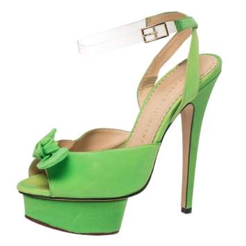 Pre Owned Charlotte Olympia Green Fabric Knot Platform Ankle Strap Sandals Size 38