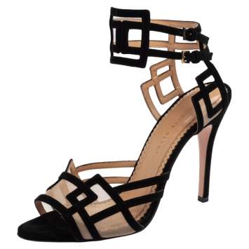 Pre Owned Charlotte Olympia Black Suede and Mesh Between The Lines Ankle Strap Sandals Size 39