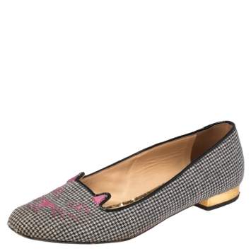 Pre Owned  Charlotte Olympia Black Embroidered Fabric And Leather Emoticat Cheeky Kitty Ballet Flats Size 38.5