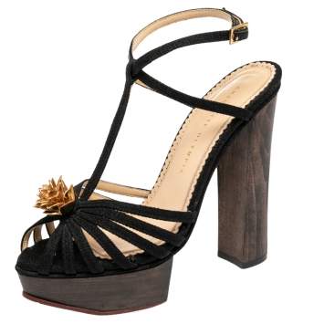 Pre Owned Charlotte Olympia Black Canvas Strappy Platform Block Heel Sandals Size 38