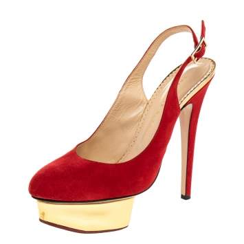 Pre Owned Charlotte Olympia Red Suede Dolly Platform Slingback Sandals Size 38