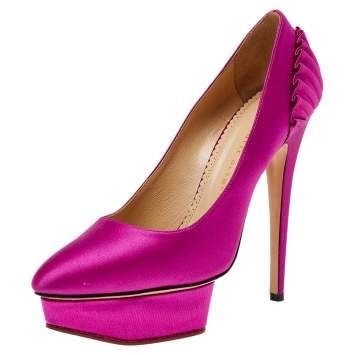 Pre Owned Charlotte Olympia Pink Satin Paloma Platform Pumps Size 39.5
