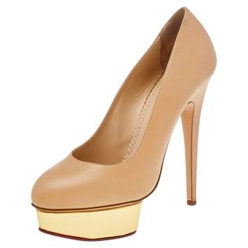 Pre Owned Charlotte Olympia Beige Leather Dolly Platform Pumps Size 40