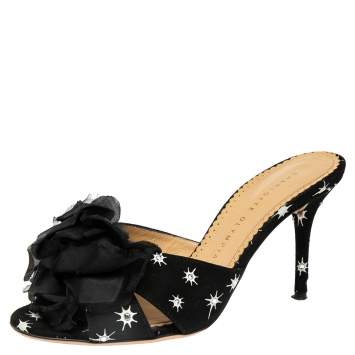 مملوكة مسبقًا Charlotte Olympia Black Suede Crystal Embellished Bow Sandals Size 37.5