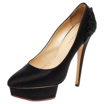 Pre Owned Charlotte Olympia  Black Satin Paloma Fan Pleat Platform Pumps 37.5