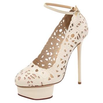 Pre Owned Charlotte Olympia Cream Cut Out Leather Ankle Strap Platform Pumps Size 36