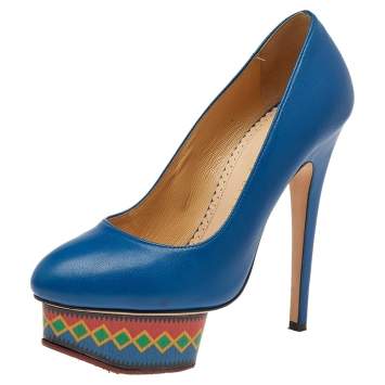 Pre Owned Charlotte Olympia Blue Leather Dolly Platform Pumps Size 35.5
