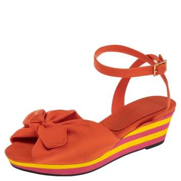 Pre Owned Charlotte Olympia Multicolor PVC Bow Detail Ankle Strap Wedge Sandals Size 37.5