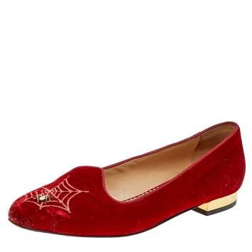 Pre Owned Charlotte Olympia Red Velvet Embroidered Ballet Flats Size 37