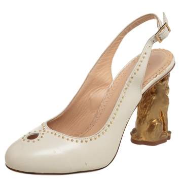 Pre Owned Charlotte Olympia Cream Leather Studded Slingback Sandals Size 36