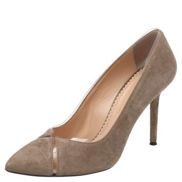 Pre Owned Charlotte Olympia Brown Suede PVC Trimmed Natalie Pumps Size 38
