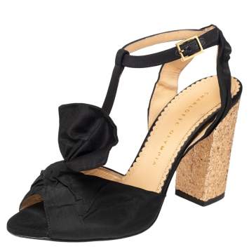 Pre Owned Charlotte Olympia Black Fabric Bow T Strap Ankle Sandals Size 37.5