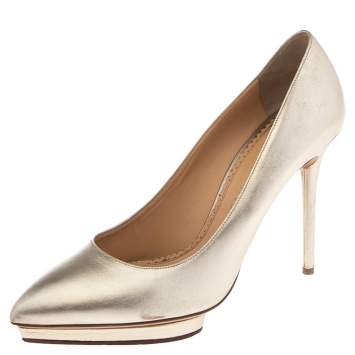 مملوكة مسبقًا Charlotte Olympia Metallic Gold Leather Monroe Pointed Toe Pumps Size 41