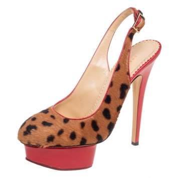 Pre Owned Charlotte Olympia Red/Brown Leopard Calfhair and Leather Dolly Slingback Pumps Size 37.5