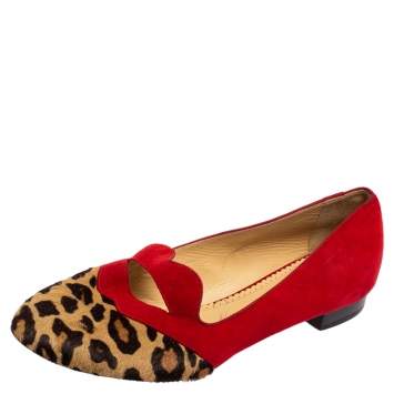 Pre Owned Charlotte Olympia Red/Brown Leopard Print Calfhair and Suede Bisoux Lip Ballet Flats Size 41