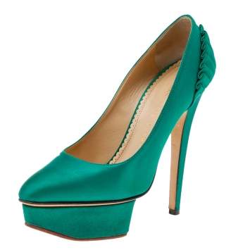 Pre Owned Charlotte Olympia Green Satin Paloma Platform Pumps Size 35.5