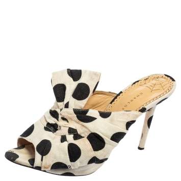 Pre Owned Charlotte Olympia White/Black Polka Canvas Bow Side Sandals Size 38