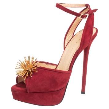 Pre Owned Charlotte Olympia Red Suede Orbital Pomeline Platform Sandals Size 36.5