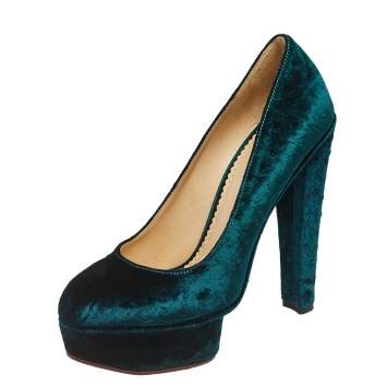 Pre Owned Charlotte Olympia Green Textured Velvet Dolly Platform Pumps Size 39