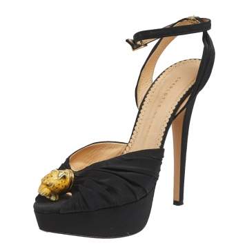 مملوكة مسبقًا Charlotte Olympia Black Satin Bruce Enamel Leopard Platform Sandals Size 38.5