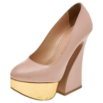 Pre Owned Charlotte Olympia Beige Leather Platform Pumps Size 35.5