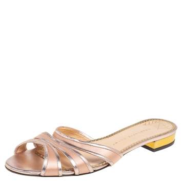 Pre Owned Charlotte Olympia Metallic Rose Leather And Satin Flat Sandals Size 38.5