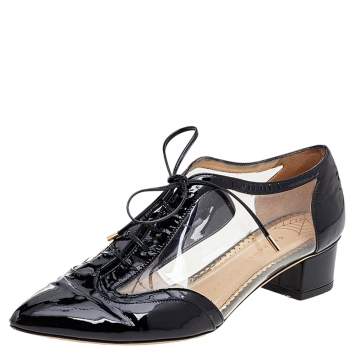 Pre Owned Charlotte Olympia Black/Transparent Patent Leather and PVC Erroll Brogues Size 38.5 