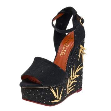 Pre Owned Charlotte Olympia Black Canvas Mischievous Embellished Platform Wedge Ankle Strap Sandals Size 38
