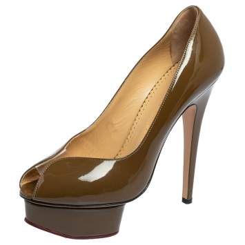 Pre Owned Charlotte Olympia Olive Green Patent Leather Dolly Platform Pumps Size 38