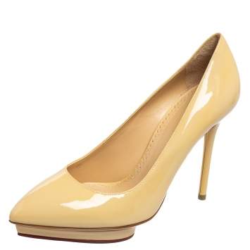 مملوكة مسبقًا Charlotte Olympia Light Yellow Patent Leather Debbie Platform Pumps Size 38