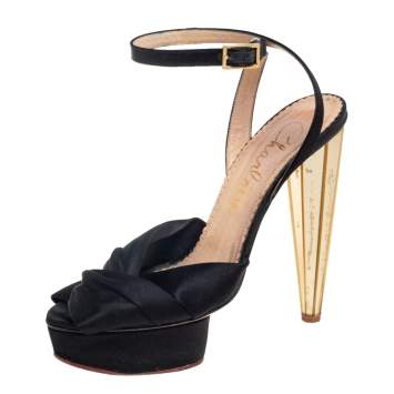 Pre Owned Charlotte Olympia Black Satin Serena Bow Ankle Strap Platform Sandals Size 38