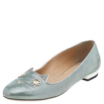 Pre Owned Charlotte Olympia Green Suede Mid Century Kitty Ballet Flats Size 41