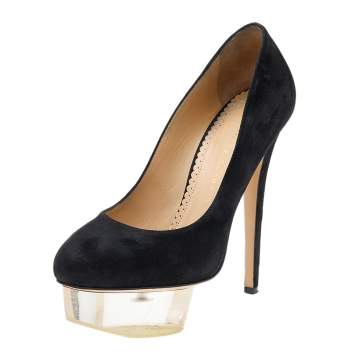 Pre Owned Charlotte Olympia Black Suede Dolly Platform Pumps Size 37.5