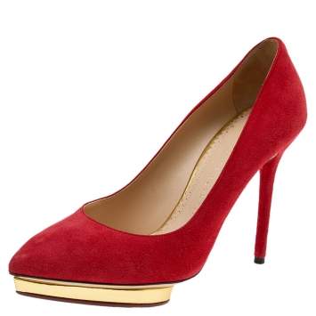 Pre Owned Charlotte Olympia Orange Suede Platform Pumps Size 38