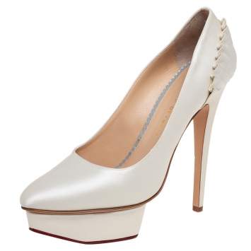 Pre Owned Charlotte Olympia White Satin Dolly  Pumps Size 39.5