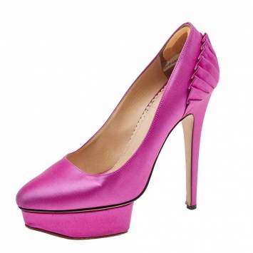 Pre Owned Charlotte Olympia Pink Satin Paloma Fan Pleat Platform Pumps Size 38.5 
