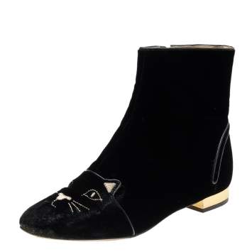 Pre Owned Charlotte Olympia Black Velvet Cat Embroidered Ankle Boots Size 39