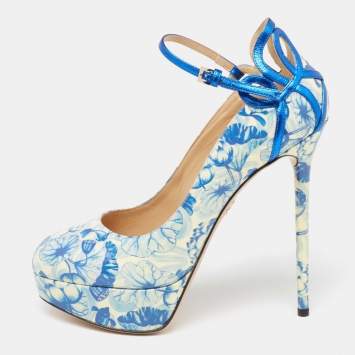 Pre Owned Charlotte Olympia Blue/White Ming Koi Carp Print Patent Leather Ankle Strap Pumps 39