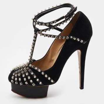 مملوكة مسبقًا Charlotte Olympia Black Suede Studded Strappy Ankle Strap Platform Sandals Size 38