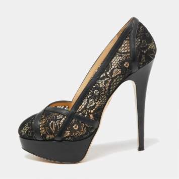 مملوكة مسبقًا Charlotte Olympia Black Leather And Lace Platform Pumps Size 38.5