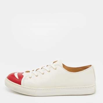 Pre Owned Charlotte Olympia White Leather Kiss me Low Top Sneakers Size 38