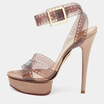 مملوكة مسبقًا Charlotte Olympia Beige Vinyl Girls On Film Platform Sandals Size 40