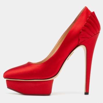 Pre Owned Charlotte Olympia Red Satin Peloma Fan Pleat Pumps Size 39.5