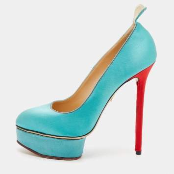 Pre Owned Charlotte Olympia Turquoise/Red Satin Josephine Platform Pumps Size 38