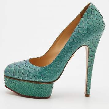 Pre Owned Charlotte Olympia Turquoise Blue Python Leather Priscilla Platform Pumps Size 38